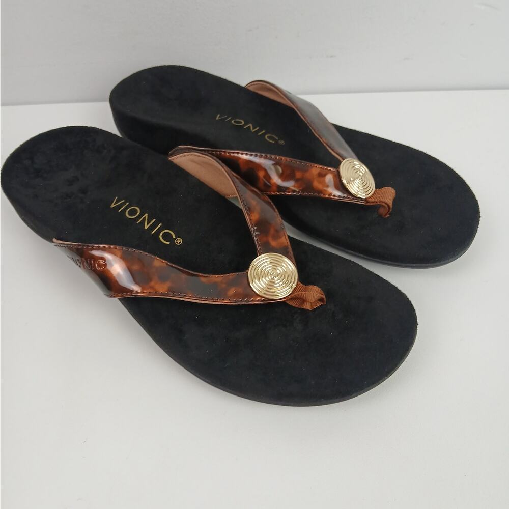 Vionic SZ 7 Hilda Tortoise Patent Leather Flip-Flop Sandal In Black/Brown NWOT - Picture 3 of 9